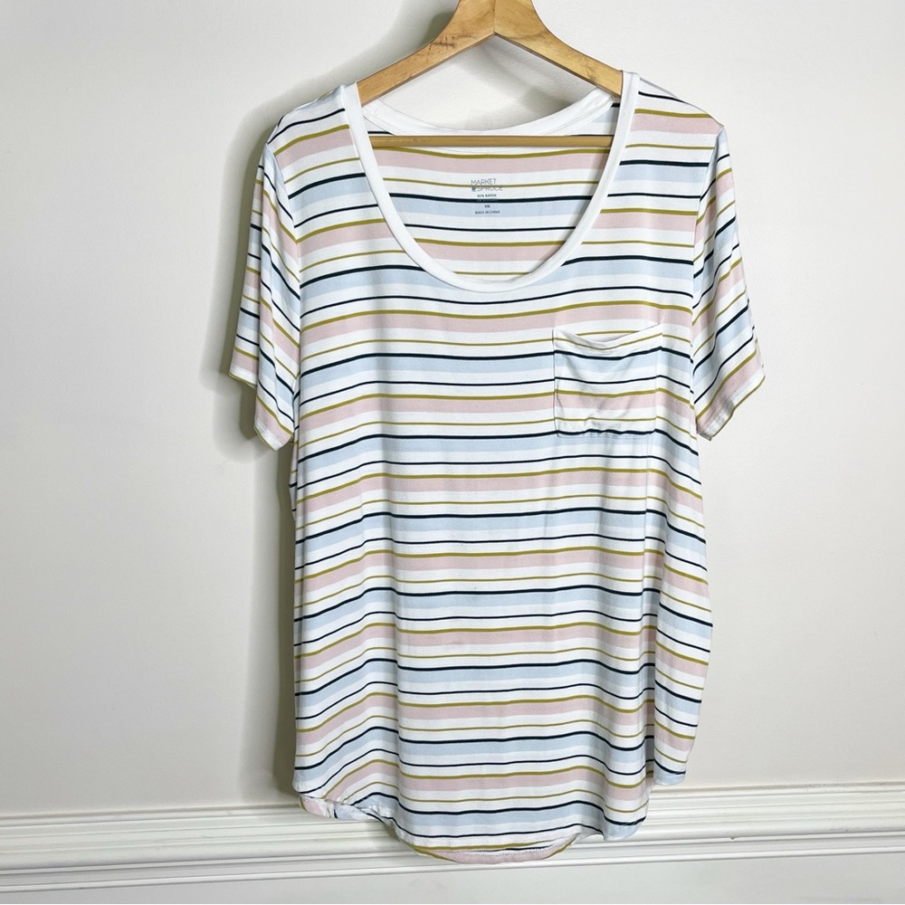 Market & Spruce striped scoop neck rainbow short‎ sleeve tee front pocket XXL